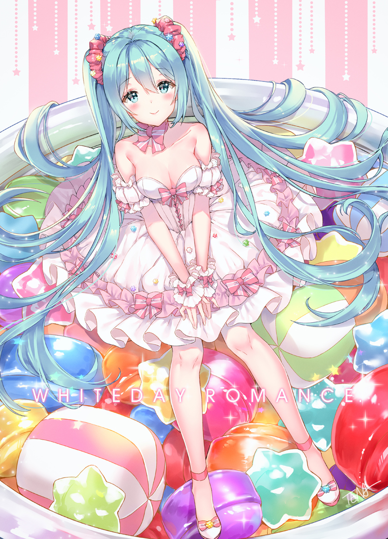 1girl aqua_eyes aqua_hair dress food full_body hatsune_miku in_food long_hair looking_at_viewer minigirl sitting smile solo strapless strapless_dress tena twintails very_long_hair vocaloid white_day white_dress