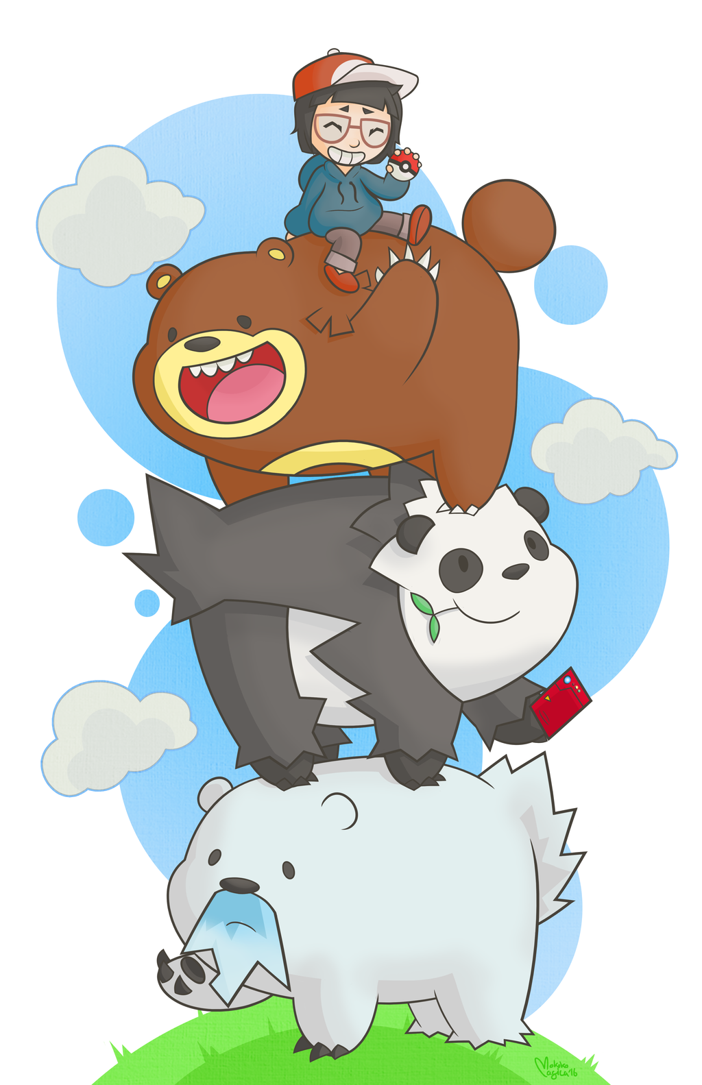 1girl 3boys animal bear beartic cartoon_network child chloe_park closed_eyes cloud crossover glasses grass grizzly grizzly_bear_(we_bare_bears) hat ice_bear nintendo panda panda_bear_(we_bare_bears) pangoro parody poke_ball pokedex pokemon polar_bear polka_dot teeth ursaring we_bare_bears