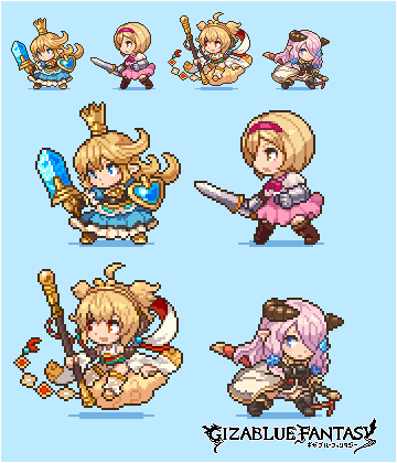 4girls anchira_(granblue_fantasy) blonde_hair blue_dress blue_eyes breasts brown_eyes charlotta_(granblue_fantasy) chibi copyright_name djeeta_(granblue_fantasy) doraf dress erun_(granblue_fantasy) fighter_(granblue_fantasy) gauntlets granblue_fantasy hair_ornament hair_over_one_eye hairband horns large_breasts lowres monkey_ears monkey_tail multiple_girls narumeia_(granblue_fantasy) orange_eyes pink_dress pink_hair pixel_art pointy_ears shirosu simple_background tail
