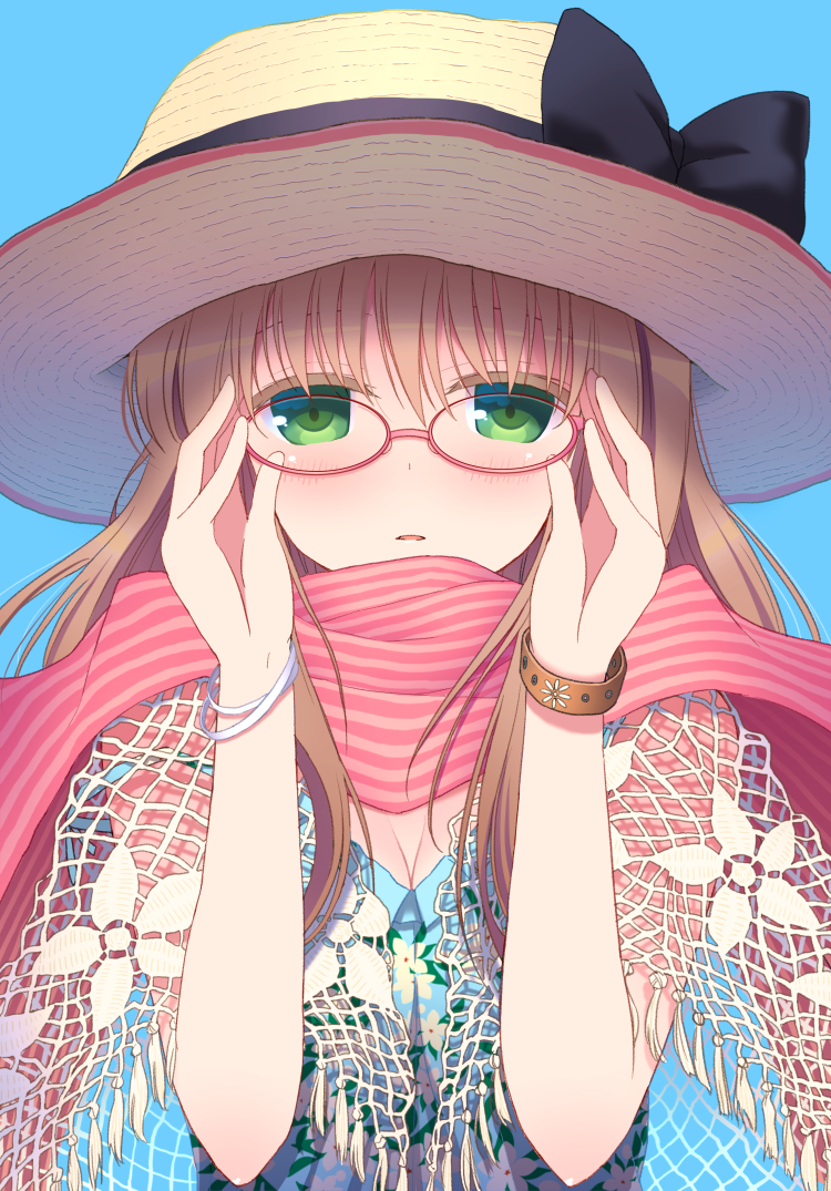 1girl adjusting_glasses black_ribbon blue_background blue_eyes bracelet breasts brown_hair cleavage glasses gloves green_eyes hat hyuuga_takashi jewelry long_hair looking_at_viewer matsumi_yuu ribbon saki saki_achiga-hen scarf simple_background solo straw_hat striped striped_scarf upper_body