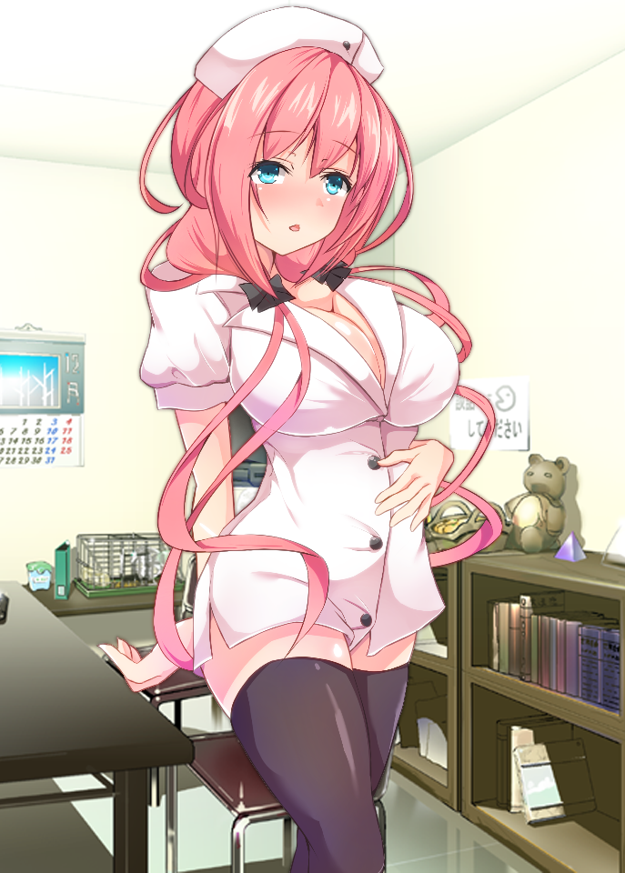 1girl blue_eyes blush breasts cleavage hat kuro75268 large_breasts long_hair looking_at_viewer nurse nurse_cap open_mouth original pink_hair solo standing thigh-highs