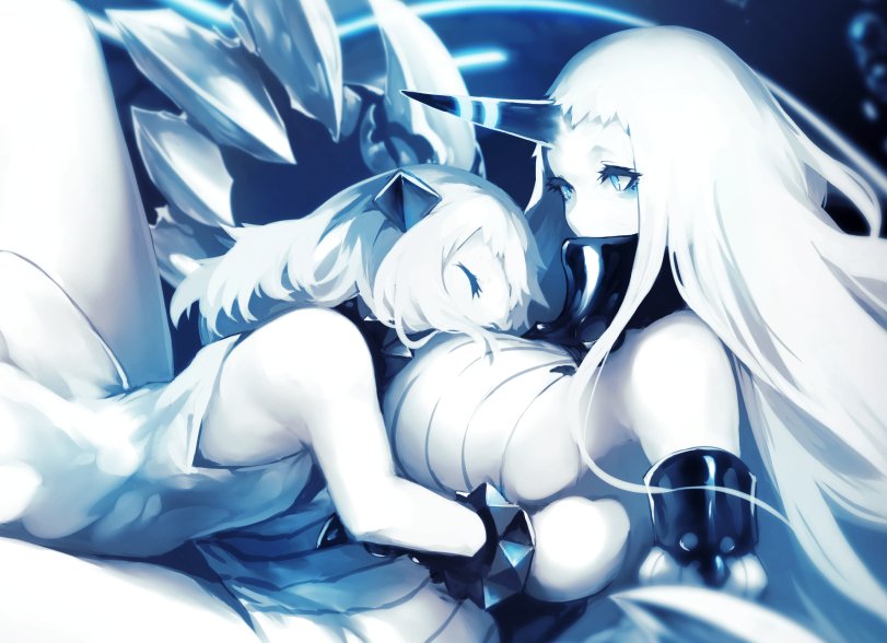 2girls blue_eyes bracelet breast_pillow breasts claws closed_eyes collar commentary_request detached_sleeves dress horns jewelry kantai_collection kyouya_(mukuro238) large_breasts long_hair monochrome multiple_girls no_eyebrows northern_ocean_hime ribbed_dress seaport_hime shinkaisei-kan sideboob size_difference spiked_bracelet spikes white_hair