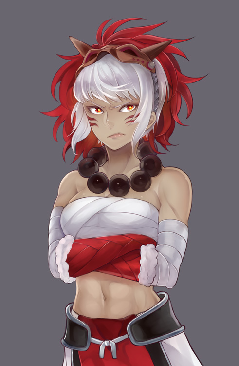 1girl bandage blue_background crossed_arms dark_skin facial_mark fire_emblem fire_emblem_if fur_trim grey_background hino_michi jewelry mask mask_on_head midriff multicolored_eyes navel necklace orange_eyes red_eyes rinka_(fire_emblem_if) sarashi simple_background solo white_hair
