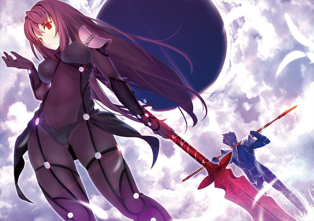 1boy 1girl back-to-back blue_hair bodysuit breasts covered_navel fate/grand_order fate/stay_night fate_(series) gae_bolg holding holding_weapon lancer large_breasts long_hair pauldrons polearm ponytail purple_hair red_eyes scathach_(fate/grand_order) spear tetsu_(countryside) weapon