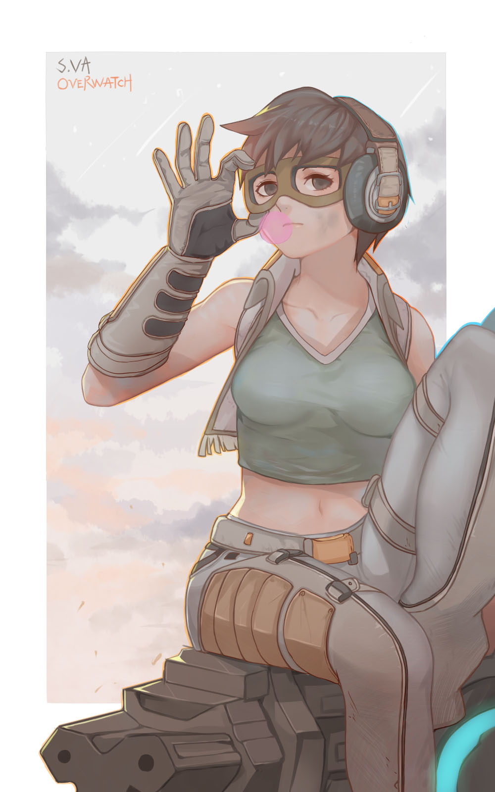 1girl alternate_costume breasts brown_eyes brown_gloves brown_hair bubblegum clouds cloudy_sky collarbone copyright_name crop_top d.va_(overwatch) dirty_clothes dirty_face gloves goggles grease hand_on_goggles headphones highres looking_at_viewer medium_breasts meka_(overwatch) midriff mizu_(dl7613) navel one_leg_raised outdoors overwatch pants scavenger_d.va shirt sitting sitting_on_object sky sleeveless sleeveless_shirt solo v-neck vest