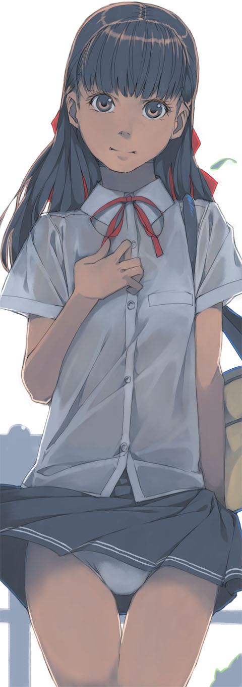 1girl akinbo_(hyouka_fuyou) arm_at_side backlighting bag bangs black_skirt blunt_bangs bow brown_eyes buttons closed_mouth collared_shirt hair_bow hand_on_own_chest highres long_hair original over_shoulder panties pocket red_bow school_bag school_uniform shirt short_sleeves simple_background skirt skirt_lift thigh_gap thighs underwear white_background white_panties wind wind_lift wing_collar