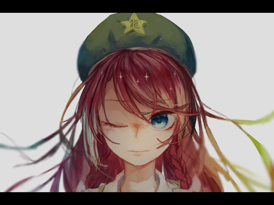 1girl bangs beret blue_eyes braid expressionless face floating_hair green_hat grey_background hair_between_eyes hat hong_meiling letterboxed long_hair one_eye_closed rainbow_hair redhead simple_background solo sparkle star tamago_tyoko_(ijen0703) touhou twin_braids