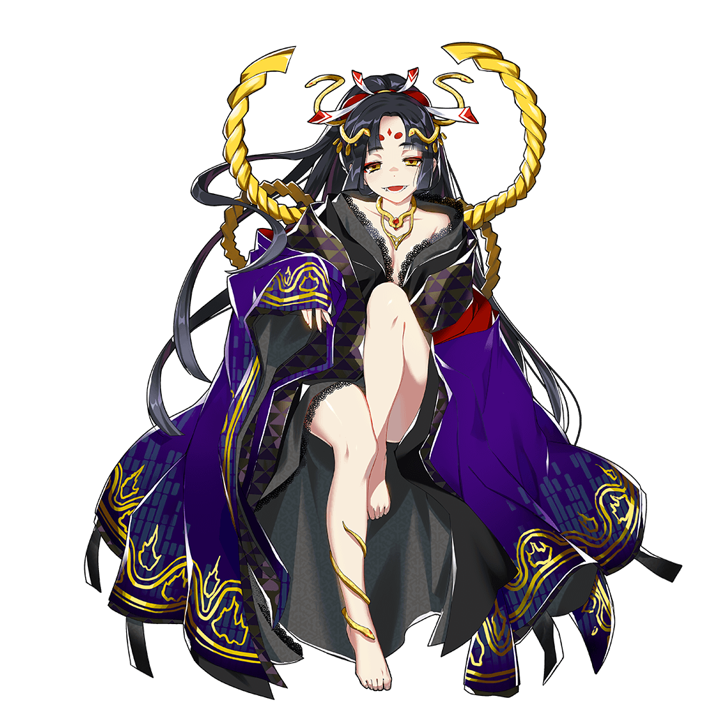 1girl barefoot black_hair character_request facial_mark feet forehead_mark full_body headdress jewelry long_hair long_sleeves looking_at_viewer necklace official_art open_mouth solo transparent_background uchi_no_hime-sama_ga_ichiban_kawaii