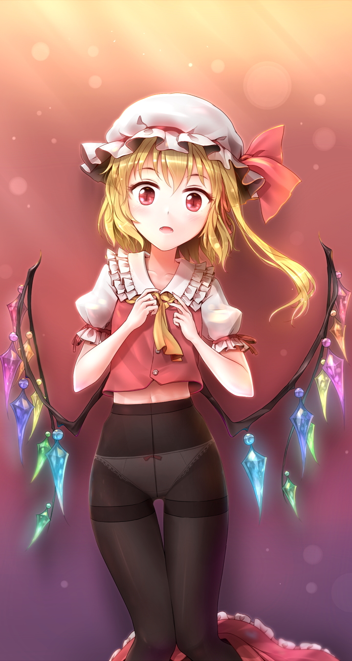 1girl ascot black_legwear blonde_hair blush bow bow_panties crotch_seam fangs flandre_scarlet hair_ribbon hat hat_ribbon highres knees_together_feet_apart looking_at_viewer minust mob_cap navel panties panties_under_pantyhose pantyhose puffy_short_sleeves puffy_sleeves red_bow red_eyes red_ribbon red_skirt ribbon shiny shiny_clothes short_sleeves side_ponytail skirt solo standing thighband_pantyhose touhou underwear vest white_panties wings