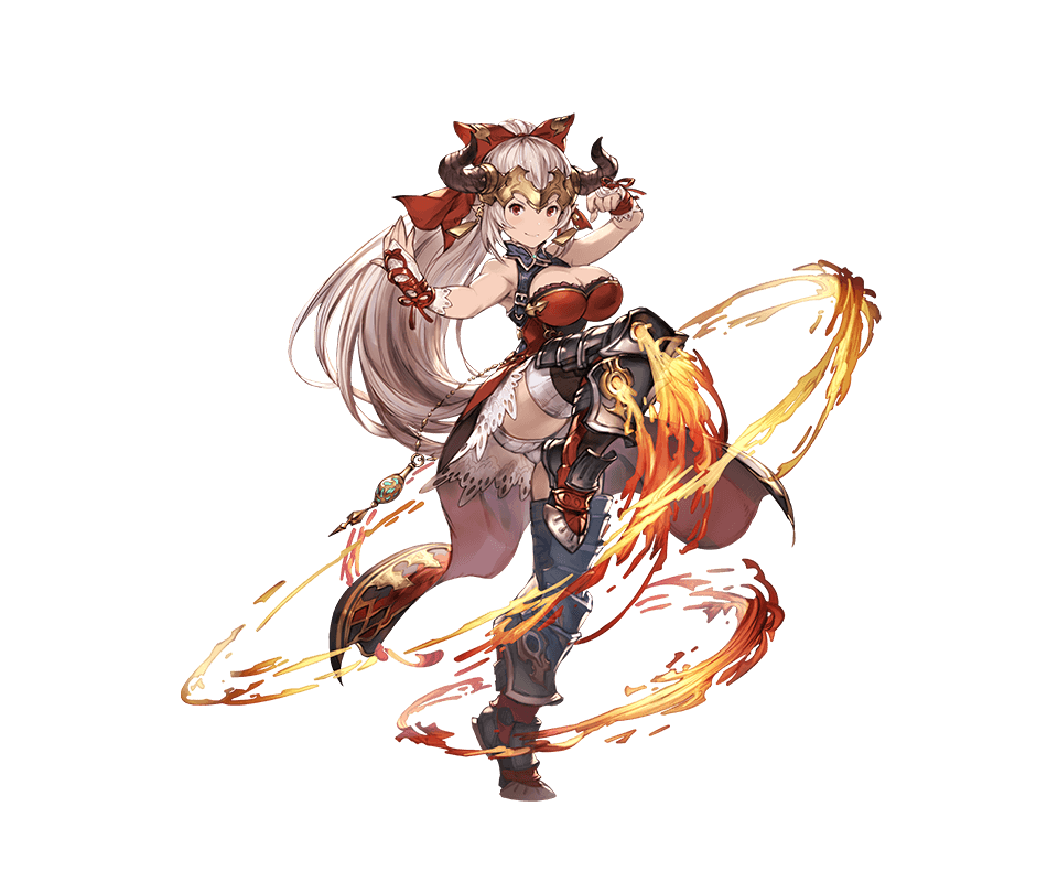 1girl aliza_(granblue_fantasy) bare_shoulders bow breasts cleavage doraf dress earrings fire full_body granblue_fantasy hair_bow headpiece high_ponytail jewelry large_breasts leg_up long_hair minaba_hideo official_art pointy_ears red_bow red_dress red_eyes shorts_under_skirt silver_hair simple_background solo thigh-highs transparent_background white_legwear