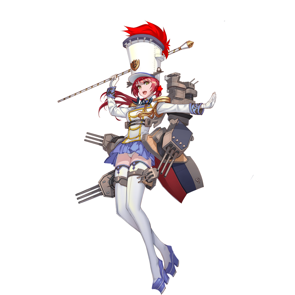 1girl :d aiguillette baltimore_(zhan_jian_shao_nyu) baton baton_(instrument) blue_skirt boots breasts buttons cannon double-breasted emblem epaulettes full_body gloves green_eyes hair_ornament hat jacket long_sleeves looking_at_viewer machinery official_art open_mouth outstretched_arm panties pantyshot platform_footwear pleated_skirt plume ponytail redhead shako_cap skirt smile solo star star_hair_ornament teeth thigh-highs thigh_boots thigh_strap transparent_background turret underwear white_gloves white_hat white_jacket white_legwear white_panties zhan_jian_shao_nyu