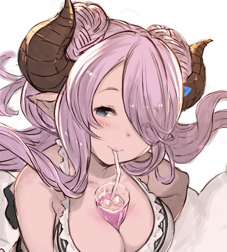 1girl between_breasts blue_eyes breasts cleavage doraf drinking_straw granblue_fantasy hair_over_one_eye hanarito horns large_breasts lowres narumeia_(granblue_fantasy) out_of_frame pink_hair pointy_ears solo_focus straw