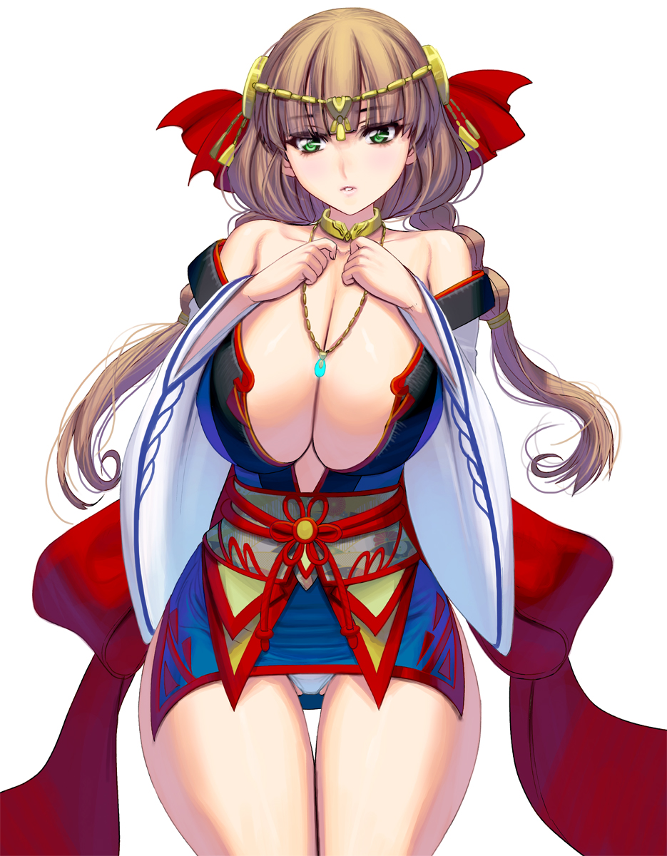 1girl bangs bare_shoulders breasts brown_hair cleavage collarbone eyebrows eyebrows_visible_through_hair green_eyes hands_on_own_chest highres japanese_clothes jewelry kimono large_breasts long_hair looking_at_viewer masao necklace obi original panties panty_peek parted_lips sash short_kimono simple_background solo thigh_gap thighs tiara twintails underwear white_background white_panties