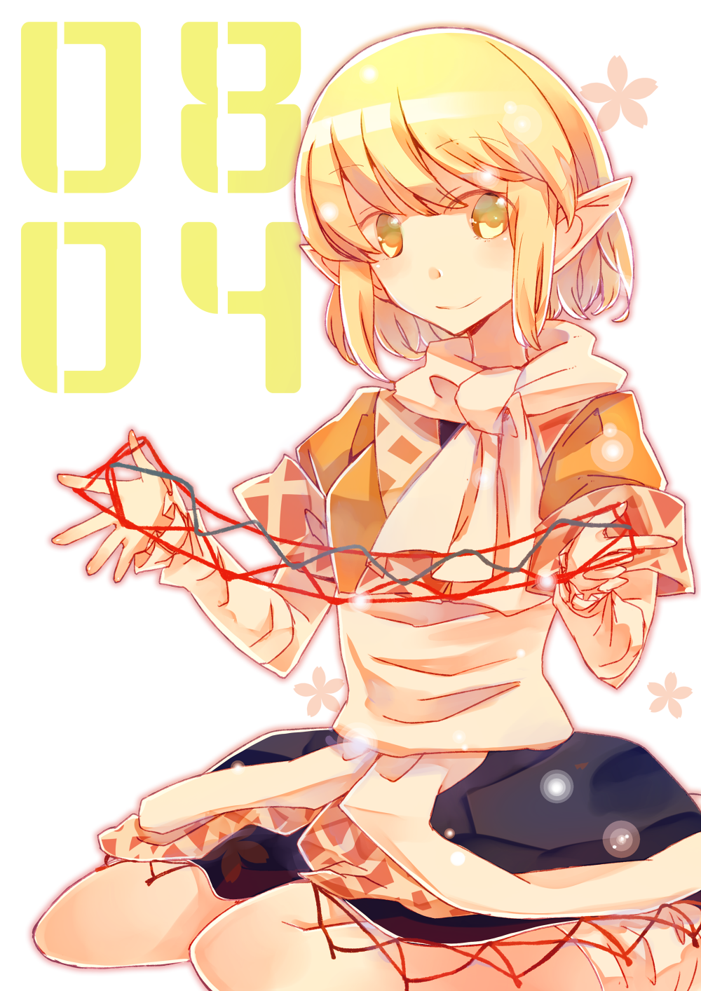 1girl :&gt; atoki blonde_hair cat's_cradle green_eyes highres japanese_clothes mizuhashi_parsee pointy_ears scarf seiza sitting solo touhou