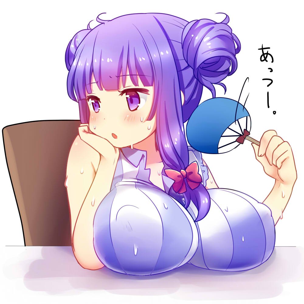 1girl :o bangs blunt_bangs blush bow breast_rest breasts commentary_request double_bun erect_nipples eyebrows eyebrows_visible_through_hair fan fanning_self hair_bow impossible_clothes impossible_shirt large_breasts long_hair patchouli_knowledge purple_hair red_bow rimu_(kingyo_origin) shirt simple_background sitting solo striped sweat touhou upper_body violet_eyes white_background
