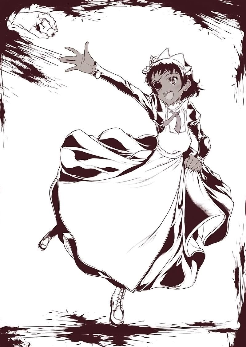 1girl blood blood_splatter commentary_request elena_(the_voynich_hotel) eyepatch glass_eye maid marie_(bethlehem) monochrome one_leg_raised open_mouth outstretched_arm short_hair the_voynich_hotel