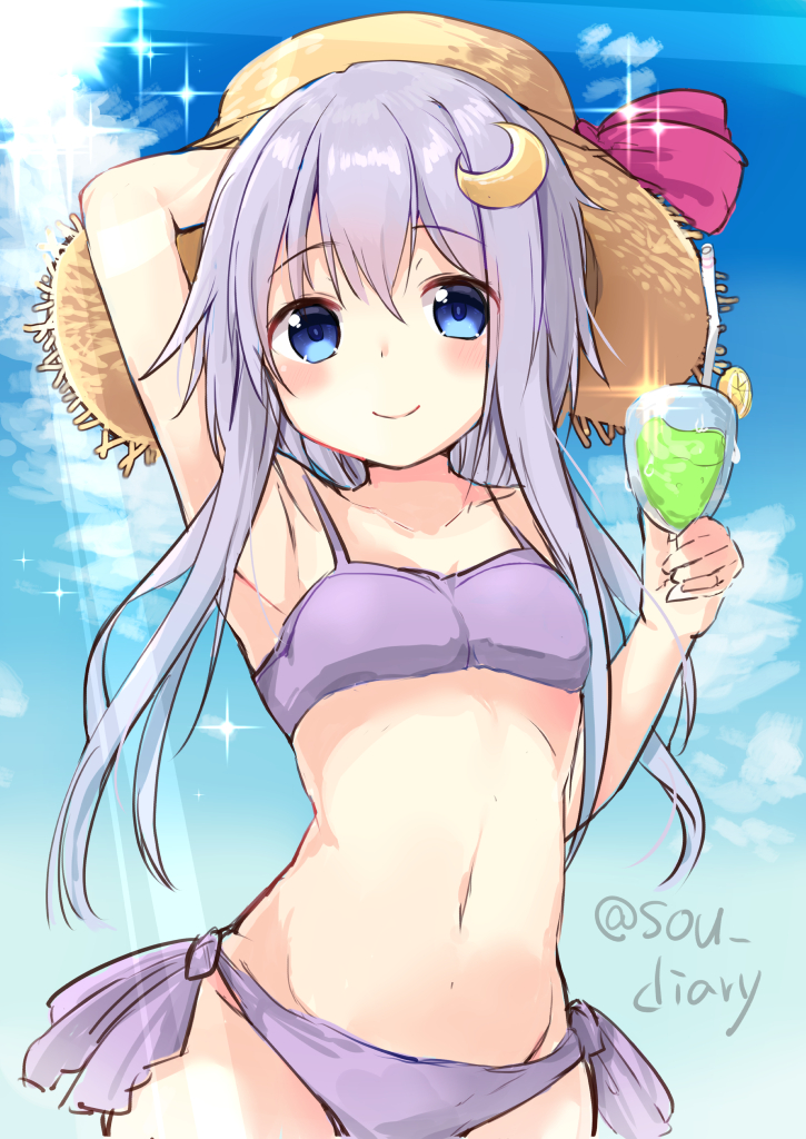 1girl arm_behind_head armpits bikini blue_eyes blue_sky blush breasts closed_mouth clouds cloudy_sky commentary_request crescent crescent_hair_ornament drinking_straw eyebrows_visible_through_hair glass hair_ornament hat kantai_collection lavender_hair long_hair looking_at_viewer navel purple_bikini side-tie_bikini sketch sky small_breasts smile solo sou_(soutennkouchi) straw_hat sunlight swimsuit twitter_username yayoi_(kantai_collection)