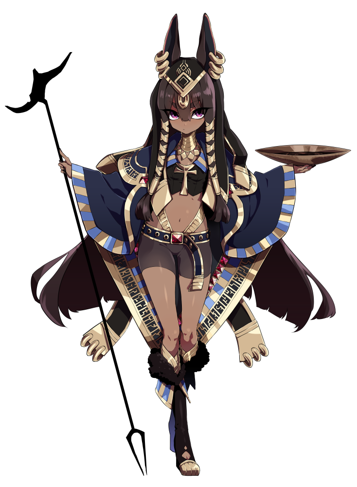 animal_ears anubis artist_request belt bike_shorts black_hair breasts cape character_request copyright_request dark_skin ear_piercing egyptian hair_tubes hime_cut jewelry long_hair looking_at_viewer midriff navel neck_ring piercing pink_eyes plate simple_background small_breasts source_request staff very_long_hair white_background