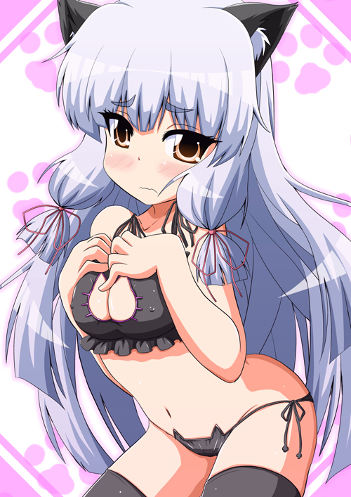 1girl alternate_eye_color animal_ears arched_back bare_shoulders black_bra black_legwear black_panties blush bra breasts brown_eyes cat_cutout cat_ear_panties cat_ears cat_lingerie cleavage_cutout eyebrows eyebrows_visible_through_hair frilled_bra frills hair_ribbon hands_on_breasts hands_on_own_chest hiyoko_(chick's_theater) kantai_collection kemonomimi_mode long_hair looking_at_viewer medium_breasts murakumo_(kantai_collection) navel panties ribbon side-tie_panties sidelocks silver_hair solo stomach tress_ribbon underwear underwear_only