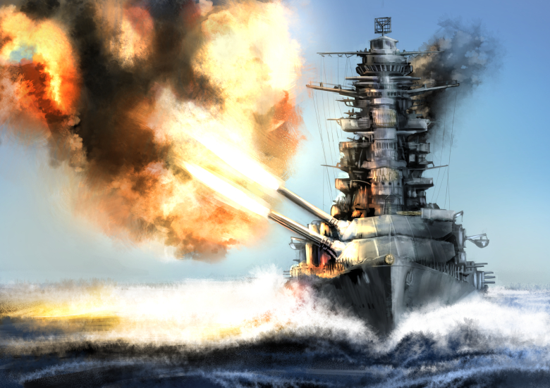 battleship cannon firing imperial_japanese_navy ishii_hisao military military_vehicle nagato_(battleship) ocean original ship smoke warship watercraft