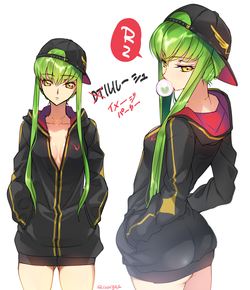 1girl ass backwards_hat baseball_cap breasts bubblegum c.c. casual chewing_gum cleavage code_geass cowboy_shot creayus dual_persona gluteal_fold green_hair hands_in_pockets hat hood hooded_track_jacket hoodie jacket jewelry long_hair looking_at_viewer multiple_views naked_hoodie open_clothes track_jacket translation_request twitter_username yellow_eyes