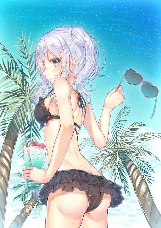 1girl arm_at_side ass back bangs bendy_straw bikini bikini_skirt black_bikini blue_eyes blush cup drink drinking_glass drinking_straw eyebrows eyebrows_visible_through_hair eyelashes food from_behind from_below fruit glasses hakuishi_aoi hand_up heart-shaped_sunglasses holding holding_drinking_glass holding_sunglasses ice ice_cube kantai_collection kashima_(kantai_collection) lemon lemon_slice looking_at_viewer palm_tree parted_lips profile red_flower sidelocks sky smile solo sparkle strap_gap summer sunglasses sunglasses_removed swimsuit tied_hair tree twintails