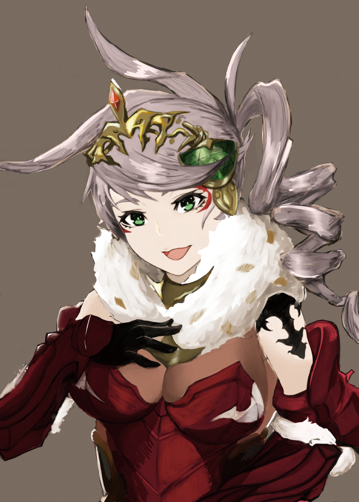 1girl :d black_gloves bodystocking breasts cleavage diamond_(shape) drill_hair eyelashes facial_mark fur_collar gloves granblue_fantasy green_eyes green_hair grey_background grey_hair hand_on_own_chest long_bust long_hair matching_hair/eyes open_mouth pale_skin queen_bee_(granblue_fantasy) side_ponytail simple_background smile solo tiara upper_body utsubokuzu