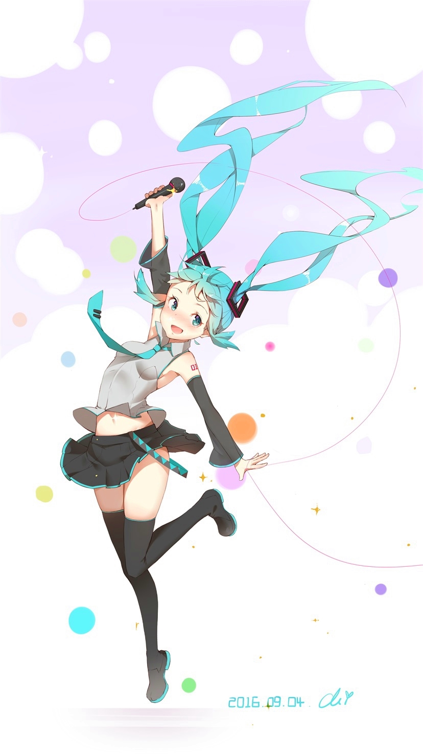 1girl aqua_eyes aqua_hair blush boots breasts detached_sleeves groin hatsune_miku highres long_hair microphone midriff miniskirt navel necktie sideboob skindentation skirt small_breasts smile solo tattoo thigh-highs thigh_boots twintails underarm vocaloid xiao_chichi