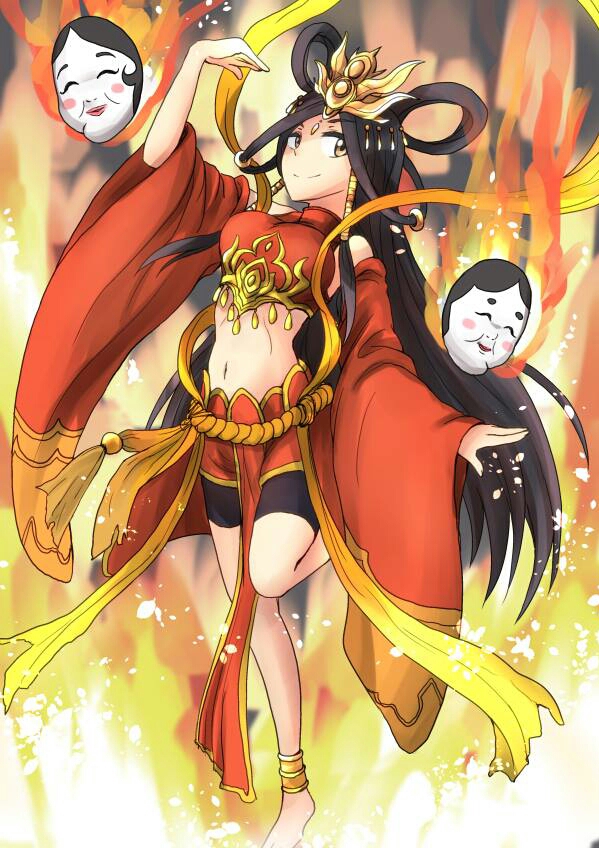 ame_no_uzume_(p&amp;d) anklet barefoot black_hair dancing hair_ornament happy japanese_clothes jewelry long_hair mask navel noh_mask puzzle_&amp;_dragons smile yellow_eyes
