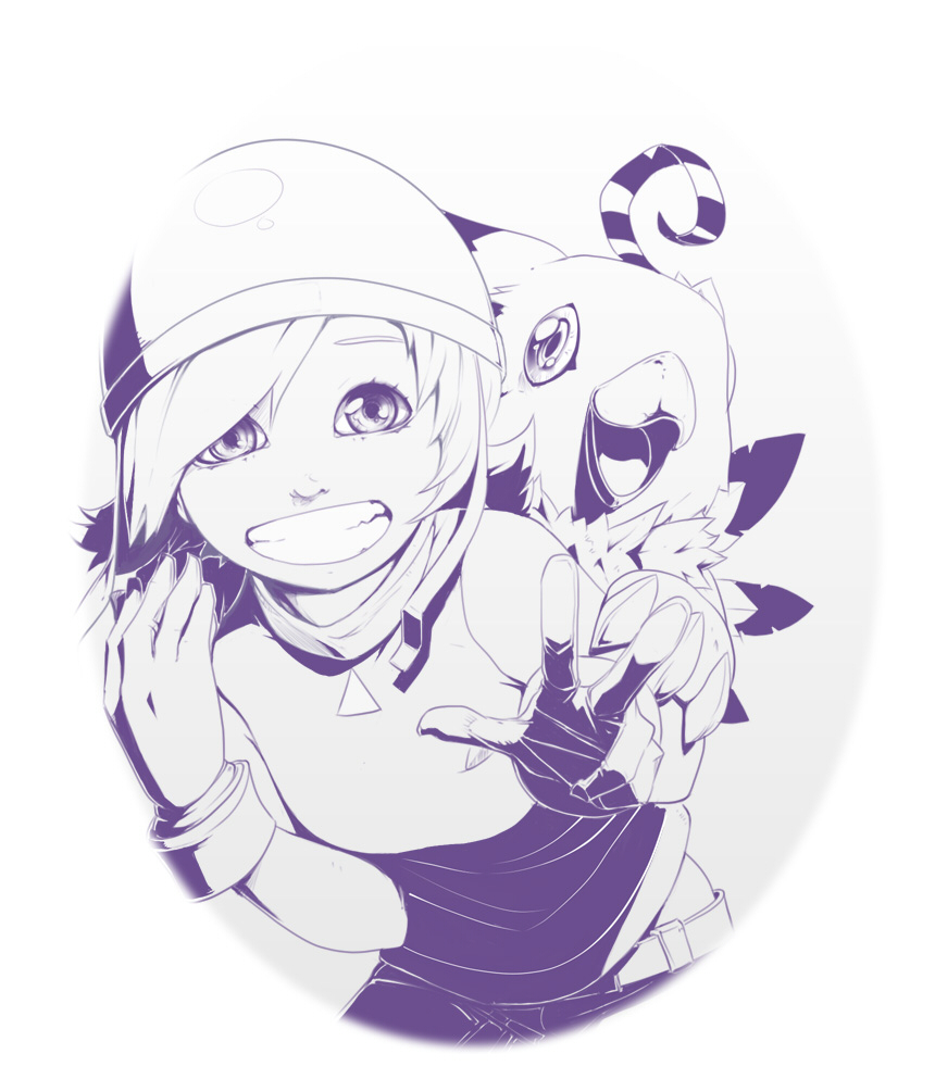 1girl biyomon digimon digimon_adventure feathers gloves helmet materclaws monochrome smile takenouchi_sora victory_pose