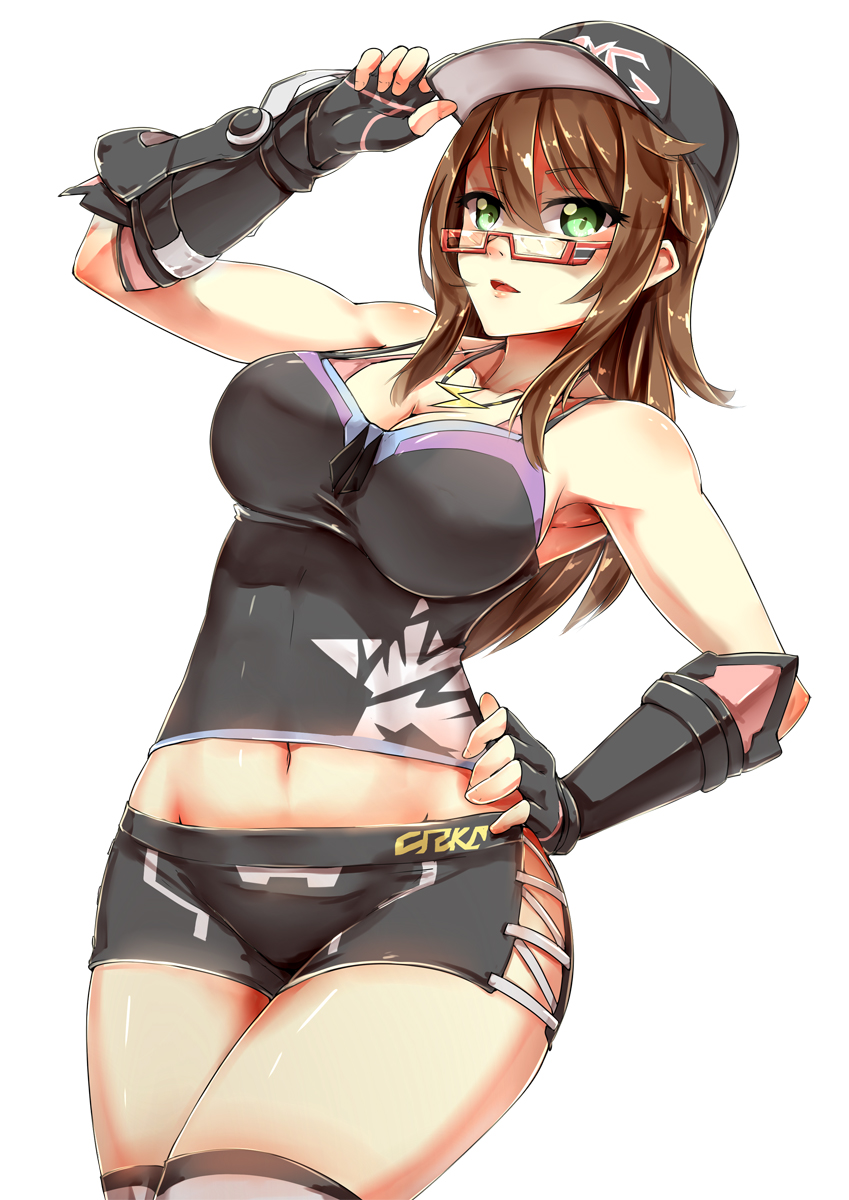 1girl adjusting_clothes adjusting_hat armpits bare_shoulders baseball_cap black_gloves black_skirt blush borrowed_character breasts brown_hair cleavage collarbone cowboy_shot fingerless_gloves glasses gloves green_eyes groin hand_on_hip hat highres jewelry long_hair looking_at_viewer medium_breasts midriff miniskirt navel necklace original packge parted_lips phantasy_star phantasy_star_online_2 red-framed_eyewear semi-rimless_glasses side_slit skirt solo tank_top under-rim_glasses white_background