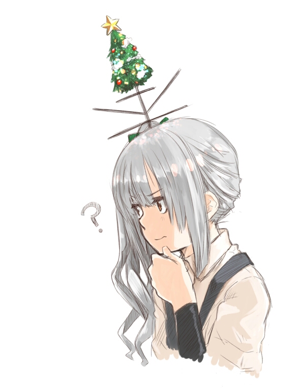 1girl ? antennae arm_warmers bauble blush chin_grab christmas_ornaments christmas_tree christmas_wreath commentary_request grey_hair hair_ribbon headgear kantai_collection kasumi_(kantai_collection) keionism long_hair ribbon school_uniform serafuku shaded_face shirt side_ponytail simple_background solo star suspenders thinking upper_body white_background