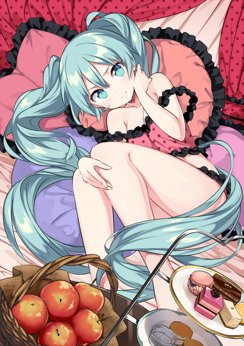 1girl apple aqua_eyes aqua_hair basket bed cake food fruit hatsune_miku long_hair looking_at_viewer lying macaron on_side pillow romeo_to_cinderella_(vocaloid) sama solo twintails very_long_hair vocaloid