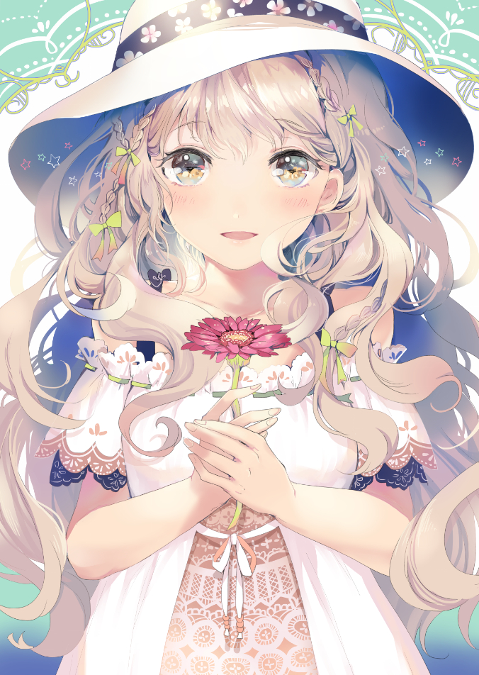 1girl blush bow braid breasts collarbone dress floral_print flower gradient gradient_background green_bow green_ribbon hair_bow hat hat_ribbon holding holding_flower lace lace-trimmed_dress lace_background long_hair looking_at_viewer off_shoulder original own_hands_together pink_flower ribbon ribbon_trim sakuragi_kei short_sleeves silver_hair small_breasts smile solo upper_body wavy_hair white_dress white_hat white_ribbon