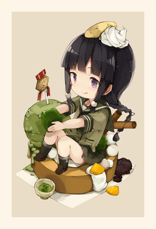 1girl ankle_socks bangs black_hair blunt_bangs border braid brown_background cake chibi eyebrows eyebrows_visible_through_hair food food_on_head ice_cream kantai_collection kitakami_(kantai_collection) knees_up licking_lips loafers long_hair malachite medal object_on_head school_uniform shoes short_sleeves sidelocks single_braid sitting skirt solo swiss_roll tongue tongue_out violet_eyes wafer_stick whipped_cream