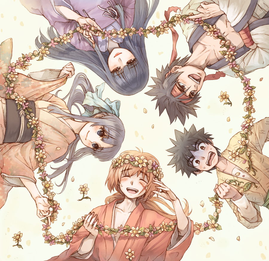 2girls 3boys black_hair closed_eyes flower headband himura_kenshin japanese_clothes kamiya_kaoru kii_wami kimono long_hair lying multiple_boys multiple_girls myoujin_yahiko obi petals ponytail redhead rurouni_kenshin sagara_sanosuke sash scar smile takani_megumi wreath