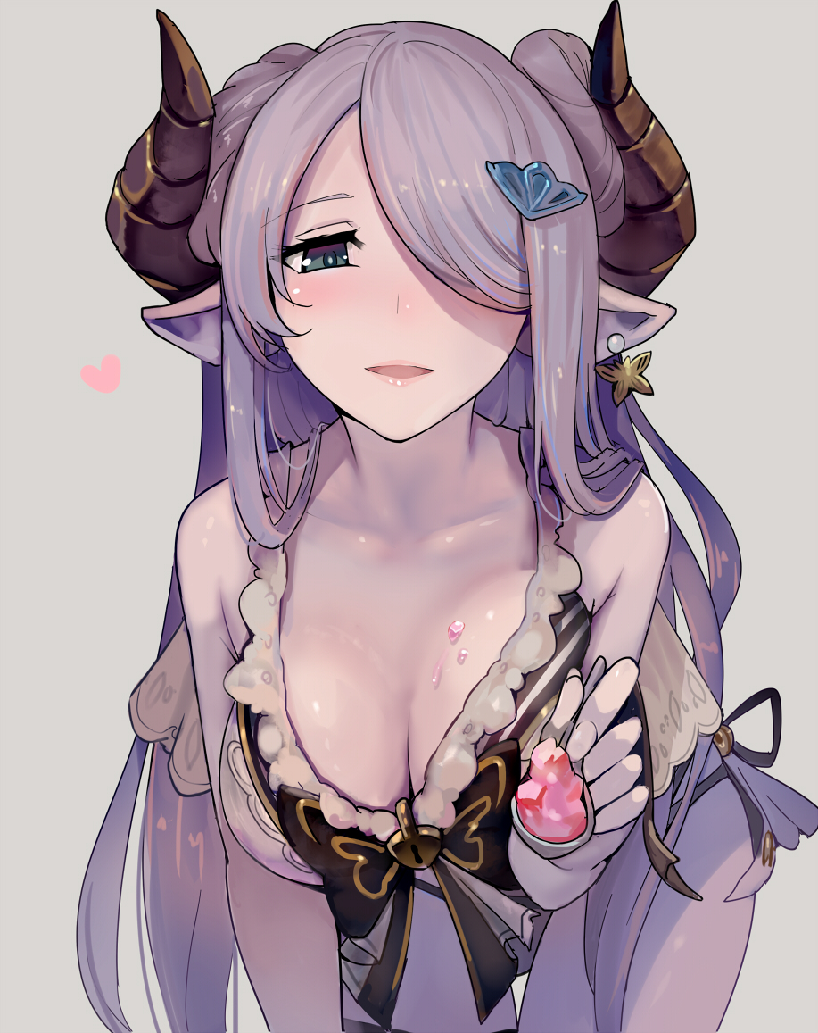 1girl bare_shoulders bikini blue_eyes blush breasts cleavage doraf earrings eyebrows eyebrows_visible_through_hair feeding food_on_body granblue_fantasy hair_ornament hair_over_one_eye heart holding horns jewelry large_breasts leaning_forward long_hair narumeia_(granblue_fantasy) open_mouth pointy_ears shaved_ice sidelocks simple_background solo spoon swimsuit walzrj white_bikini