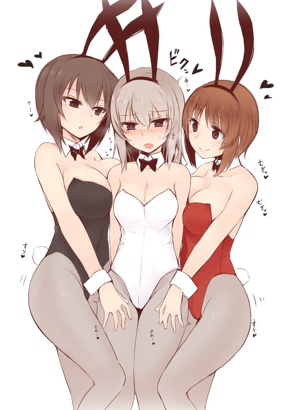 3girls akitsuchi_shien alternate_costume animal_ears arms_behind_back bare_arms bare_shoulders black_bow black_bowtie black_leotard blush bow bowtie breast_press breasts brown_eyes brown_hair bunny_girl bunny_tail bunnysuit character_request cleavage closed_mouth collarbone detached_collar drooling embarrassed eyebrows eyebrows_visible_through_hair eyelashes fake_animal_ears fake_tail full-face_blush girl_sandwich girls_und_panzer grey_legwear hair_between_eyes hairband hand_on_another's_thigh head_tilt heart heart-shaped_pupils highres large_breasts leotard light_brown_hair long_hair looking_down medium_breasts motion_lines multiple_girls nishizumi_maho nishizumi_miho pantyhose rabbit_ears red_leotard sandwiched short_hair siblings silver_hair sisters small_breasts smile strapless strapless_leotard sweat symbol-shaped_pupils tail translation_request tsurime white_leotard wrist_cuffs yuri