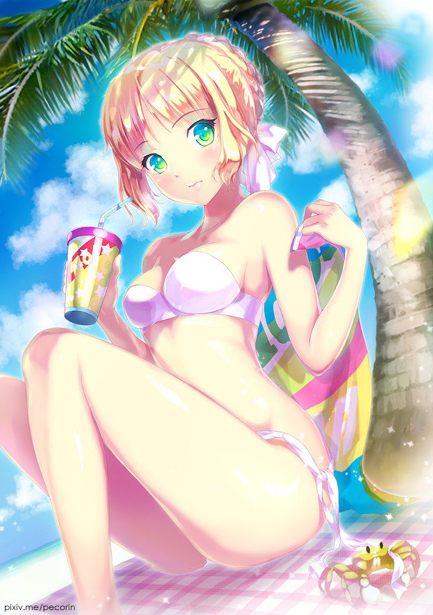 1girl ahoge animal artist_name assisted_exposure bangs bare_arms bare_shoulders beach bendy_straw bikini blanket blonde_hair blush braid breasts closed_mouth clouds crab cup drinking_straw eyebrows eyebrows_visible_through_hair fate/stay_night fate_(series) from_below from_side green_eyes hair_ribbon holding knees_up lens_flare looking_at_viewer looking_down medium_breasts ocean outdoors palm_tree pecorin pink_lips plaid ribbon saber sand side-tie_bikini sidelocks sitting sky sparkle star star_print strapless summer swimsuit towel tree under_tree untying watermark web_address white_bikini white_ribbon