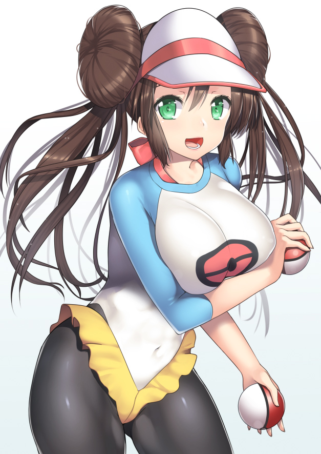 10s 1girl black_legwear breasts covered_navel double_bun gradient gradient_background green_eyes large_breasts legwear_under_shorts long_hair mei_(pokemon) nagase_haruhito open_mouth pantyhose poke_ball pokemon pokemon_(game) pokemon_bw2 raglan_sleeves shorts solo thick_thighs thighs visor_cap