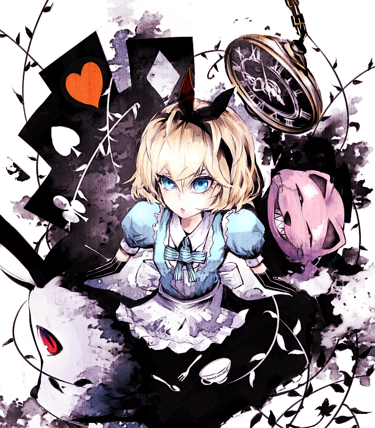 1girl alice_(wonderland) alice_(wonderland)_(cosplay) alice_in_wonderland alice_margatroid alice_margatroid_(pc-98) apron bangs black black_dress black_gloves blonde_hair blue_dress blue_eyes cheshire_cat clubs_(playing_card) cup curtsey diamonds_(playing_card) dress elbow_gloves evil_grin evil_smile fork gloves gradient_dress grin hair_between_eyes hairband hearts_(playing_card) looking_afar looking_away looking_up parody parted_lips plant puffy_short_sleeves puffy_sleeves sharp_teeth short_hair short_sleeves smile solo spades_(playing_card) spoon striped striped_gloves teacup teeth touhou touhou_(pc-98) uni_(bom19850101) vines white_rabbit