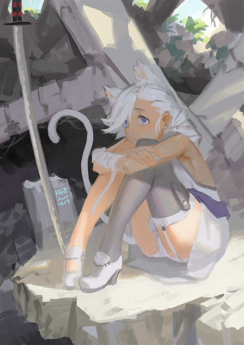 1girl 2015 animal_ears artist_name bandage bandaged_arm bangs bare_shoulders blue_eyes breasts cat_ears cat_tail dated dress earrings eyelashes frown garter_straps grey_legwear high_heels highres jewelry knees_up leg_hug looking_afar on_ground outdoors panties pantyshot pantyshot_(sitting) planted_sword planted_weapon ruins sad sash shade shoes short_dress sideboob single_thighhigh sitting sleeveless sleeveless_dress solo stud_earrings sunlight swept_bangs sword tail thigh-highs tommy830219 underwear weapon white_dress white_hair white_panties white_shoes