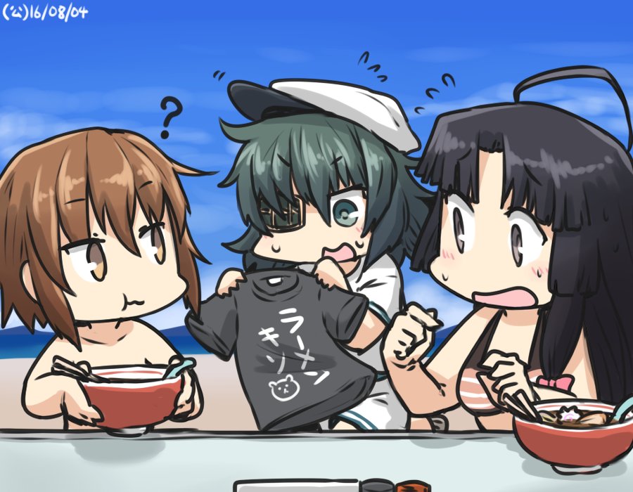 3girls ? ahoge bikini black_hair blue_sky blush brown_eyes brown_hair clothes_writing commentary convenient_censoring dated eyepatch flying_sweatdrops food green_eyes green_hair hamu_koutarou hat kantai_collection kiso_(kantai_collection) multiple_girls noodles nude open_mouth ramen sailor_hat shirt short_hair shouhou_(kantai_collection) sky swimsuit t-shirt translated wakaba_(kantai_collection)