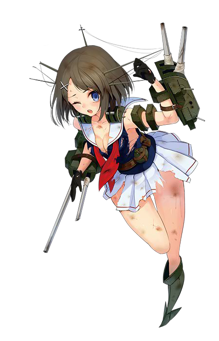 1girl black_gloves black_hair blue_eyes blue_shirt breasts cleavage full_body gloves hair_ornament kantai_collection maya_(kantai_collection) medium_breasts official_art one_eye_closed paseri pleated_skirt shirt short_hair simple_background skirt solo torn_clothes torn_shirt torn_skirt transparent_background white_skirt