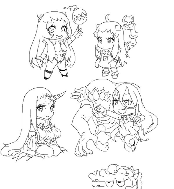 5girls airfield_hime battleship_hime bonnet boots breasts chibi commentary_request cosmic_bear detached_sleeves dress fang greyscale horns isolated_island_oni kantai_collection large_breasts leotard lineart long_hair monochrome multiple_girls no_eyebrows northern_ocean_hime seaport_hime shinkaisei-kan smile
