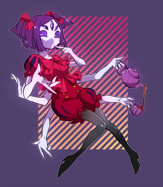 1girl dress extra_arms extra_eyes fangs female full_body gradient gradient_background high_heel_boots insect_girl monster_girl muffet solo spider_girl tea teapot thigh_boots twintails undertale