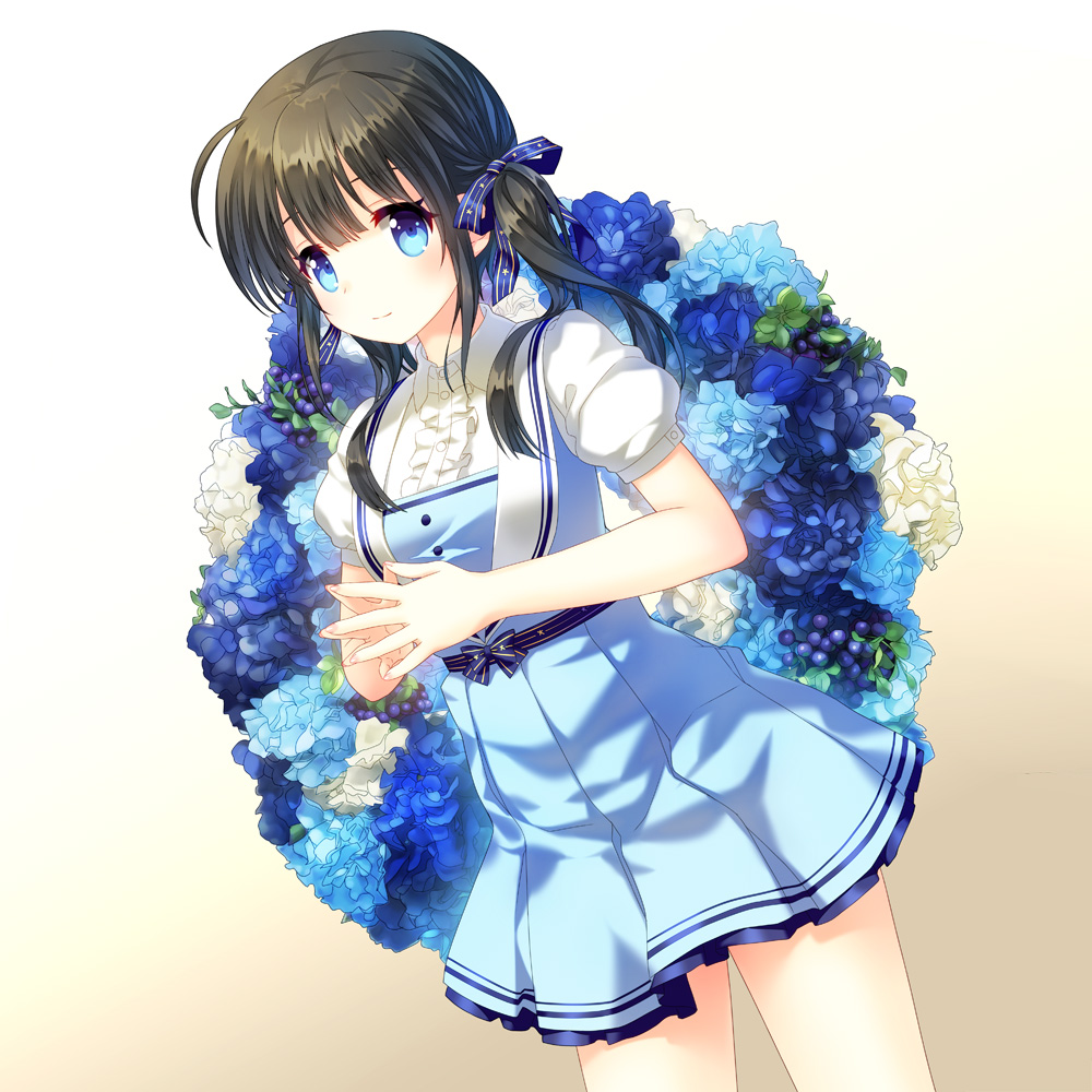 1girl bangs blue_dress blue_eyes blush dress flower hair_ornament long_hair looking_at_viewer low_twintails narinn original smile solo twintails