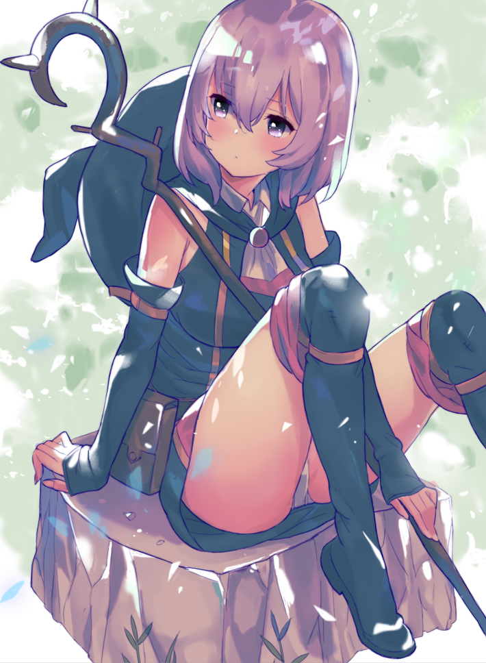 1girl arm_support ascot bare_shoulders black_boots black_gloves blush boots breasts brooch elbow_gloves fingerless_gloves full_body gloves hai_to_gensou_no_grimgar hat hat_removed headwear_removed jewelry knee_boots knees_up looking_away medium_breasts panties pantyshot pantyshot_(sitting) purple_hair shihoru_(grimgar) short_hair sitting solo staff tetsujin_momoko underwear violet_eyes white_panties witch_hat