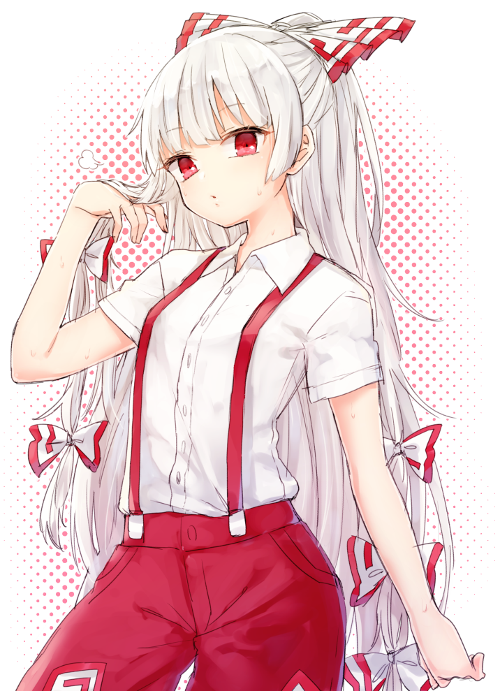 1girl bangs blunt_bangs bow collared_shirt flat_chest fujiwara_no_mokou hair_bow halftone halftone_background hand_in_hair honotai hot long_hair long_ponytail looking_at_viewer pants parted_lips red_eyes red_pants shirt short_sleeves silver_hair solo suspenders sweat touhou very_long_hair white_background white_shirt