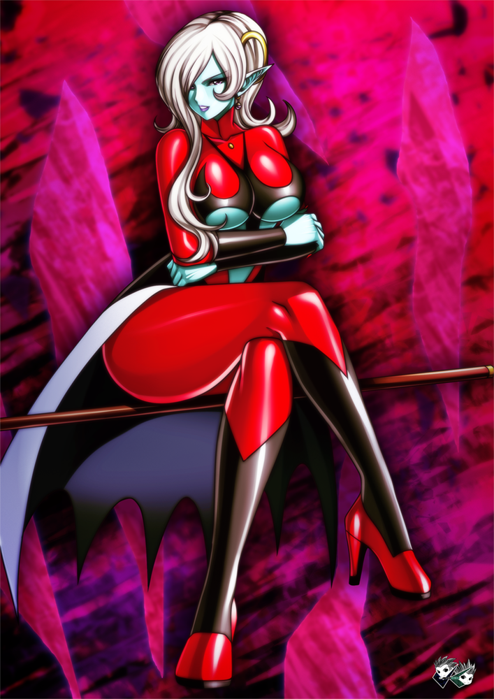 1girl blonde_hair blue_skin bodysuit breasts crossed_arms demon_girl dragon_ball dragon_ball_xenoverse earrings female high_heels jadenkaiba jewelry large_breasts legs_crossed lipstick long_hair makeup pointy_ears purple_lipstick red_shoes red_suit shoes showgirl_skirt sitting solo staff towa_(dragon_ball) turtleneck under_boob violet_eyes white_hair